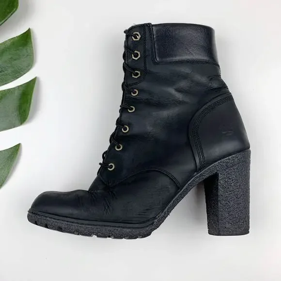 Timberland Glancy Ankle Boots Heeled Black Leather Lace Up Women's 8 - Picture 7 of 12